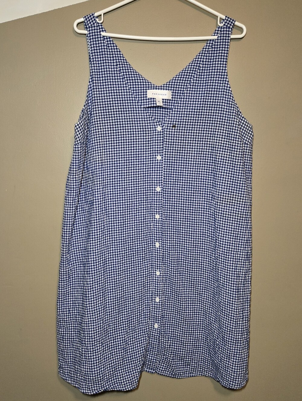 Popsugar Womens Blue White Gingham Check Sleeveless V-Neck Button Front Dress XL